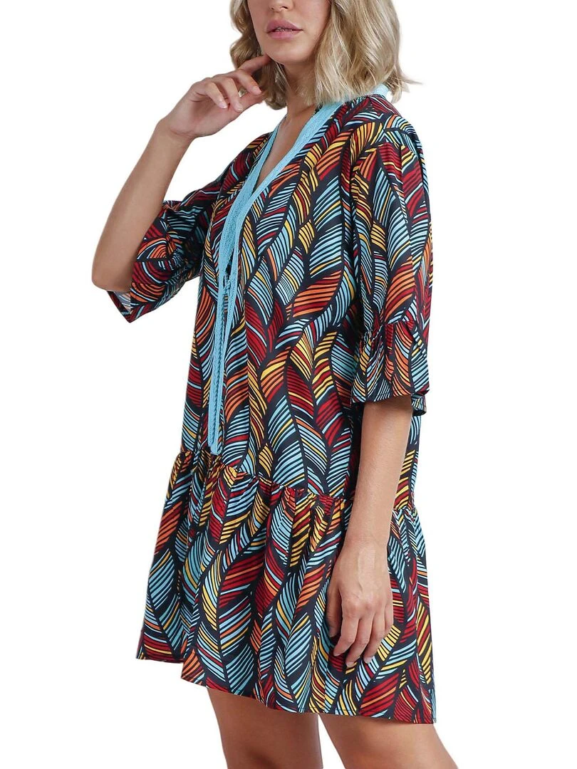 Caftan de plage Ethnic Feathers   Bleu turquoise
