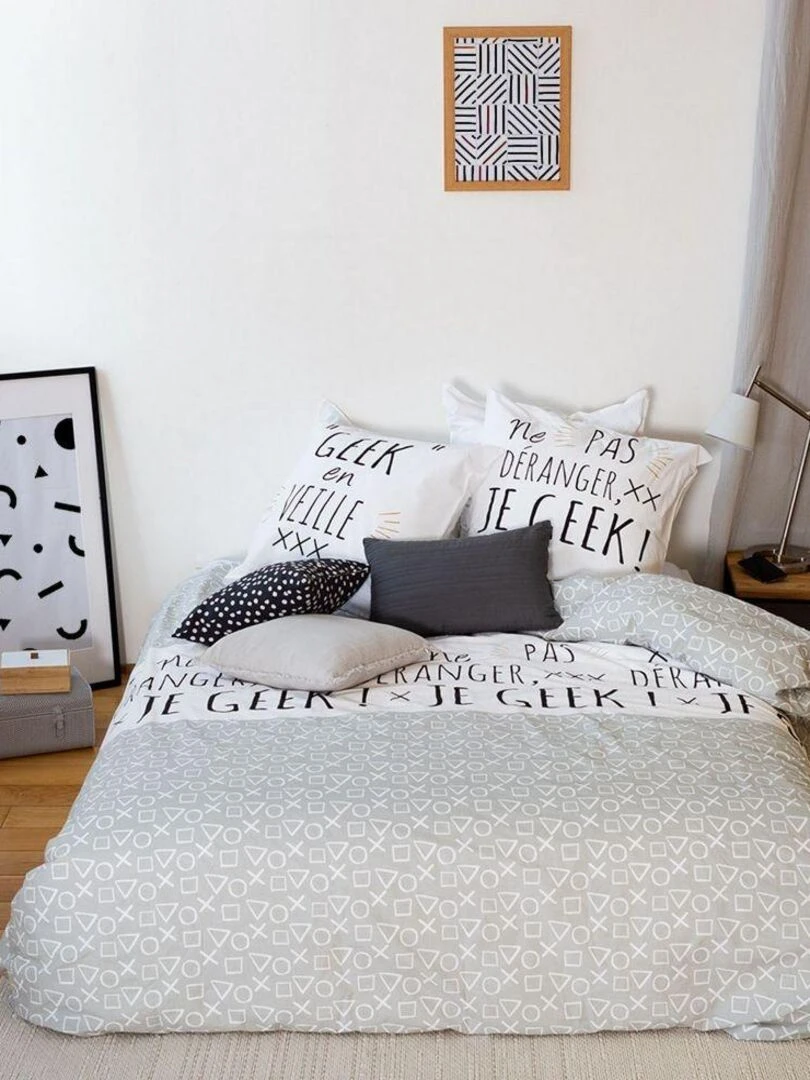 Housse de couette 140x200 + 1 taie d'oreiller 63x63 Coton Geek   Blanc