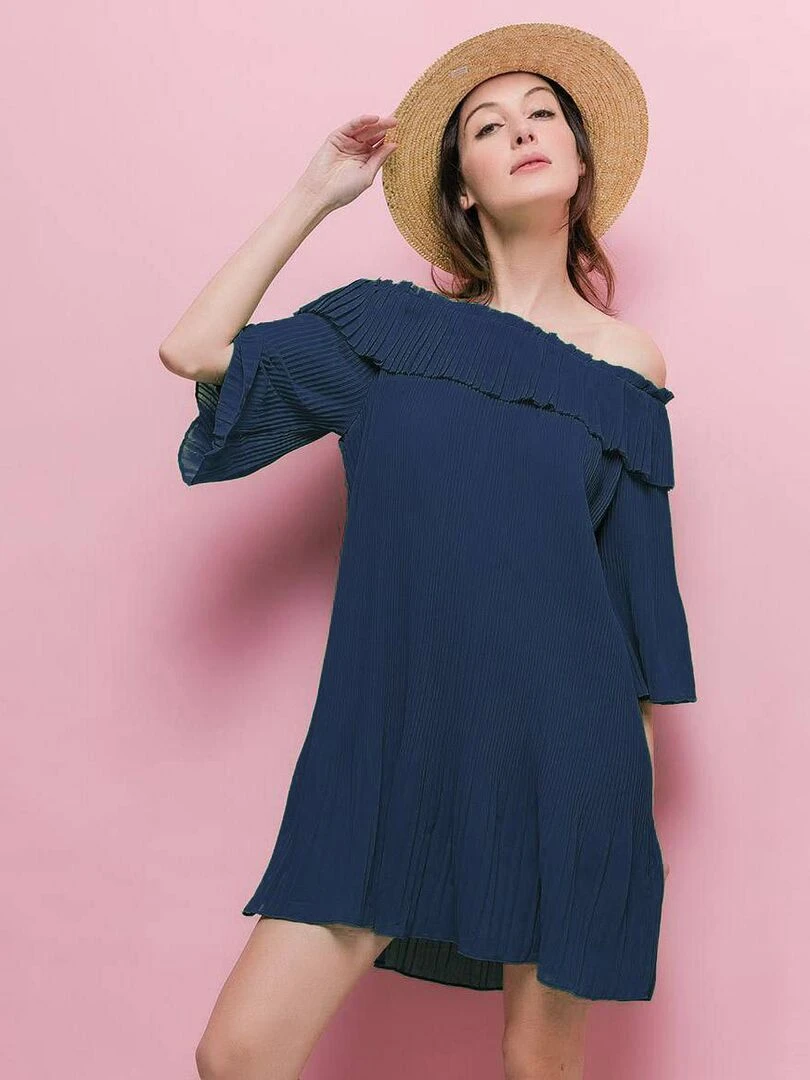 Robe plissée épaules dénudées marine Bleu