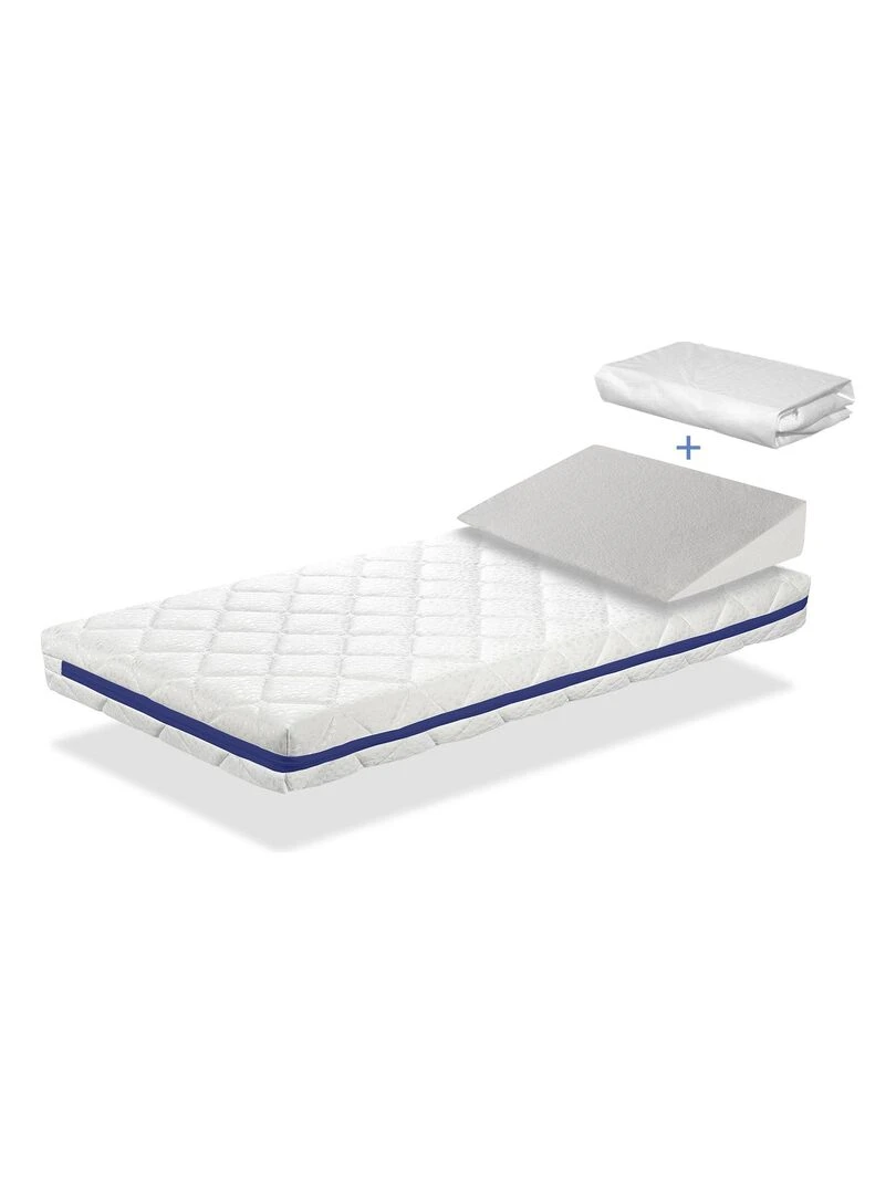 Pack matelas HERMES 60x120 epaisseur 11 cm + plan incline 15º + protege matelas 60x120cm Blanc Bleu