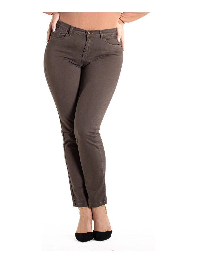 Jeans de couleur coupe droite taille haute stretch 'OBER' Marron