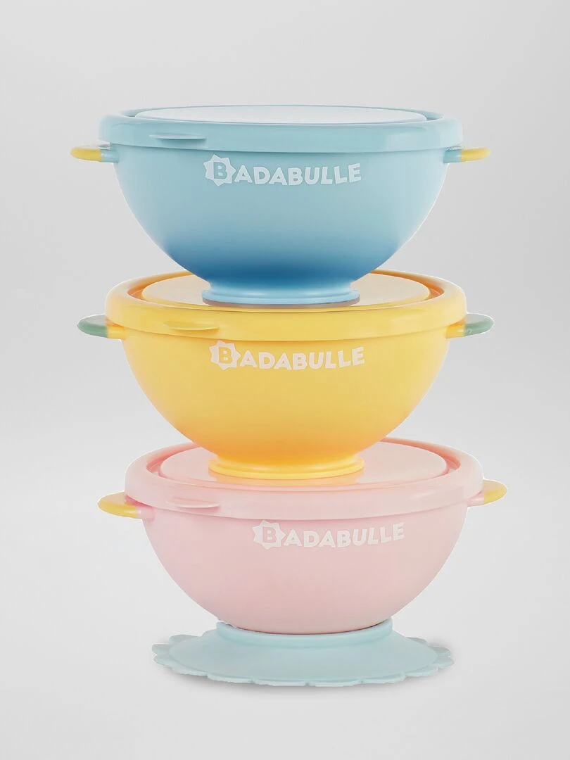 Lot de 3 bols avec couvercle 'Badabulle' Bleu/jaune/rose