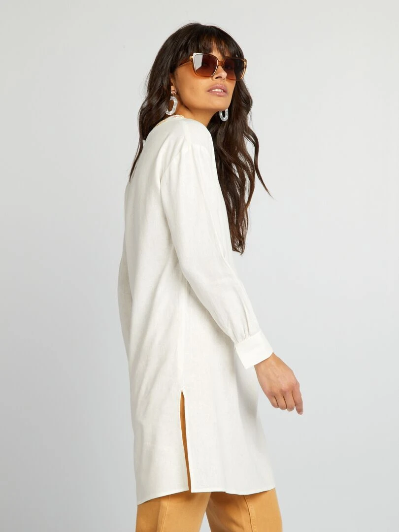 Blouse longue en lin avec col tunisien   Blanc
