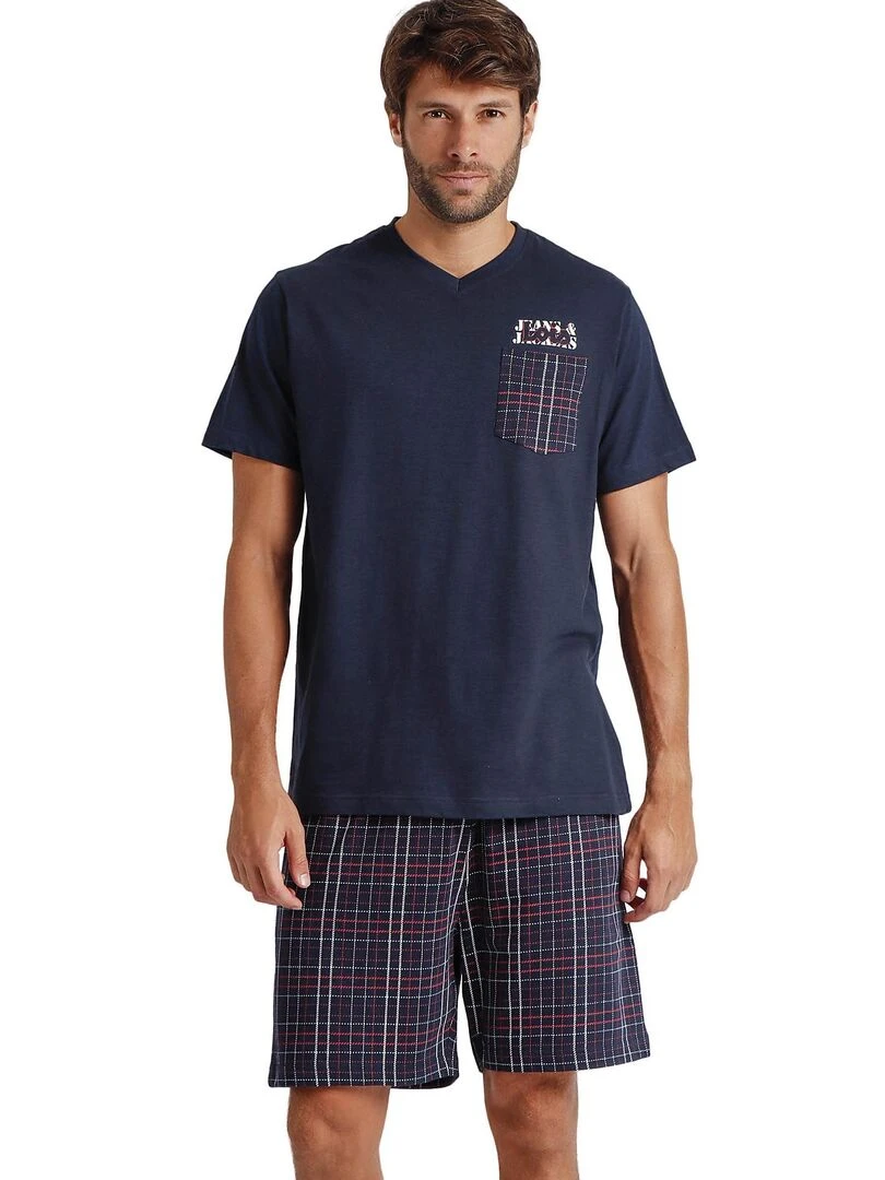 Pyjama short t shirt col V JAndJ Lois Bleu marine