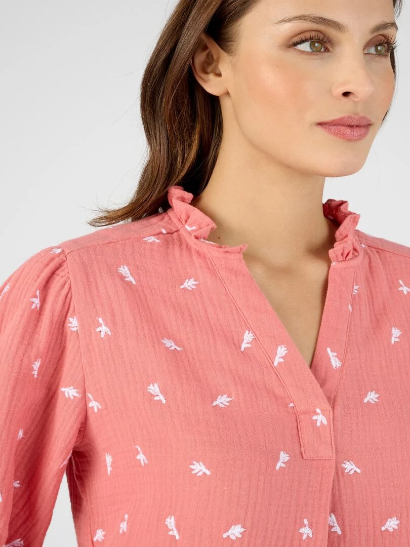 Blouse gaze de coton brodée Damart Rose