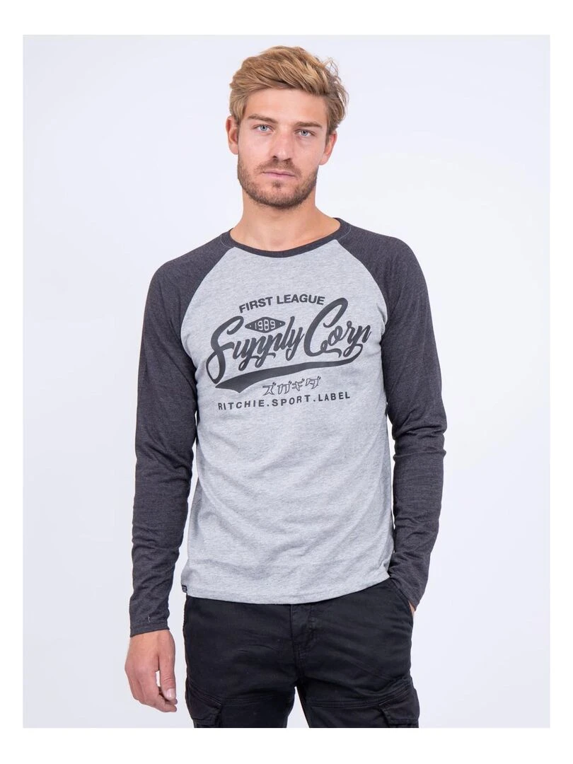 T shirt manches longues col rond pur coton JANDAT gris anthracite