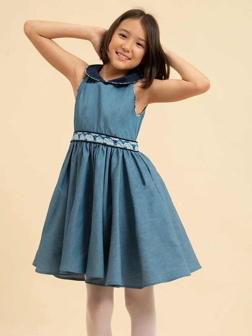 Robe Qui Tourne Fille Chambray Col Claudine HEPBURN 'LA FAUTE A VOLTAIRE' Bleu
