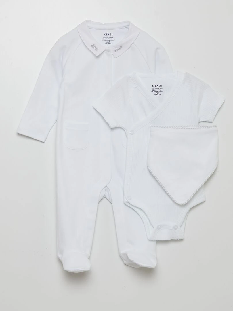 Set dors bien + body + bavoir 3 pièces Blanc