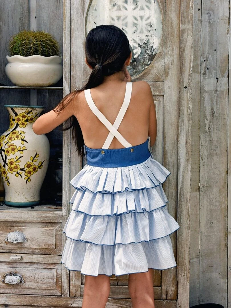 Robe Salopette Fille Volants Fines Rayures es GIGI 'LA FAUTE A VOLTAIRE' Bleu Bleu marine Blanc
