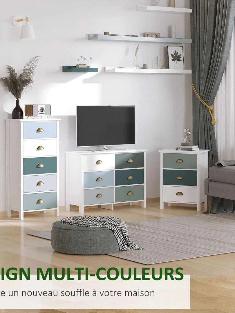 Chiffonnier 5 tiroirs design néo rétro blanc bleu gris   Blanc