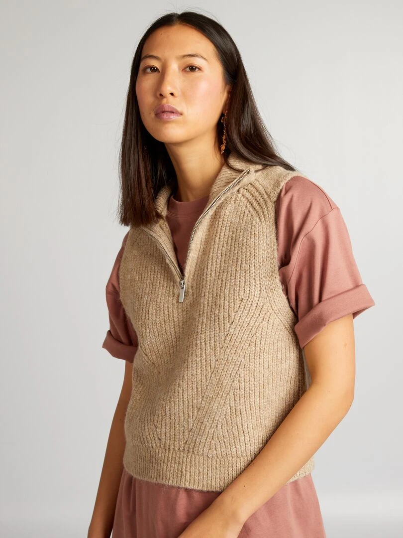 Pull sans manches col montant zippé Beige