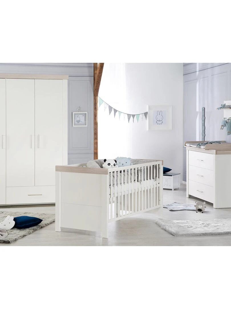 ROBA Lit bébé évolutif "Lucy"   70x140   Hauteur Réglable   0 à 7 Ans   Blanc/Décor 'Luna elm'   Blanc