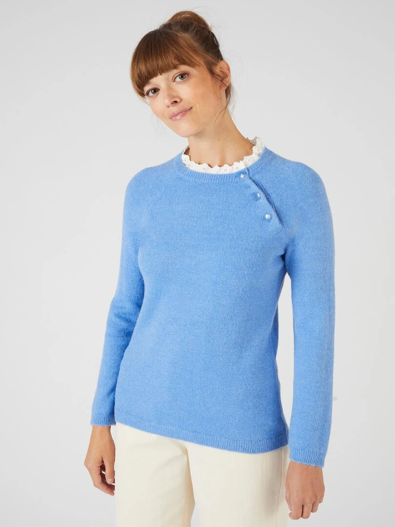 Pull mélange alpaga col broderie anglaise Damart Bleu