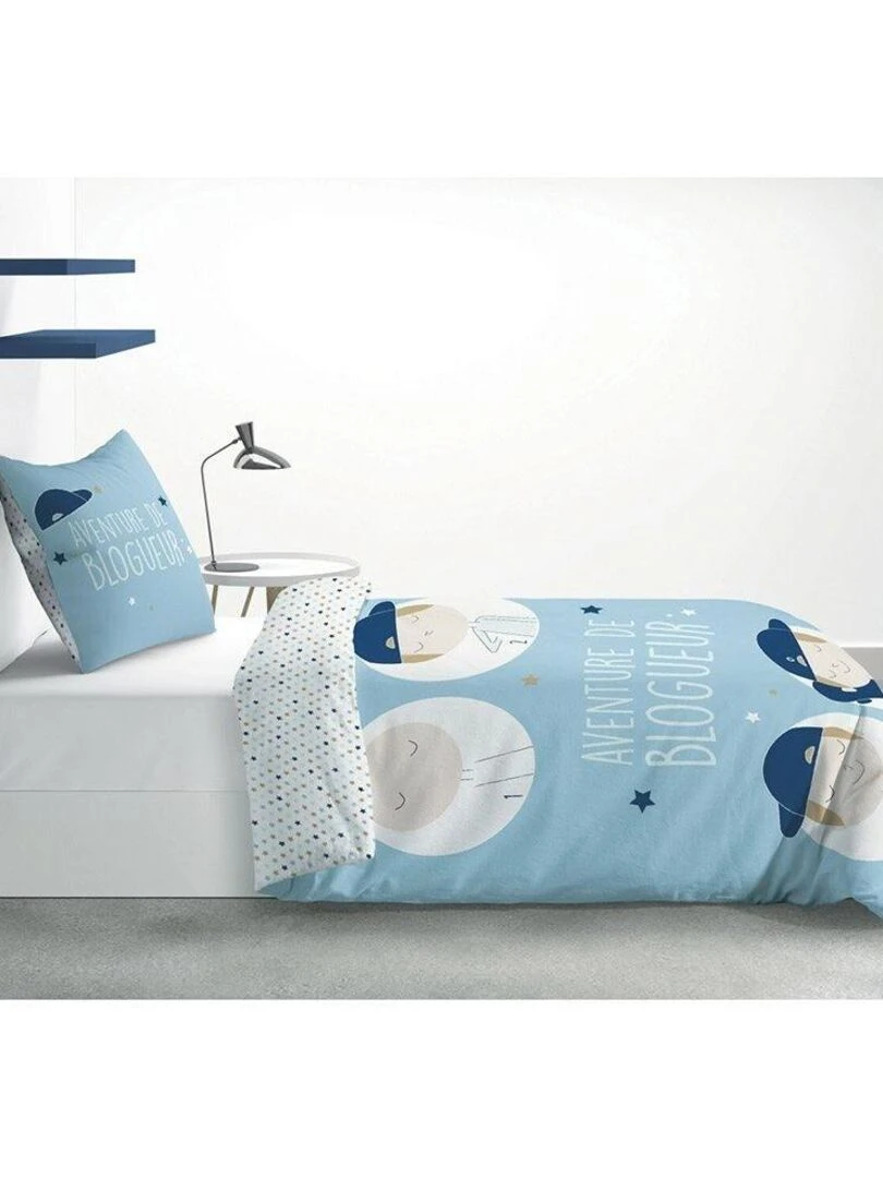 Housse de couette 140x200 Blogueur + taie 100% coton Bleu