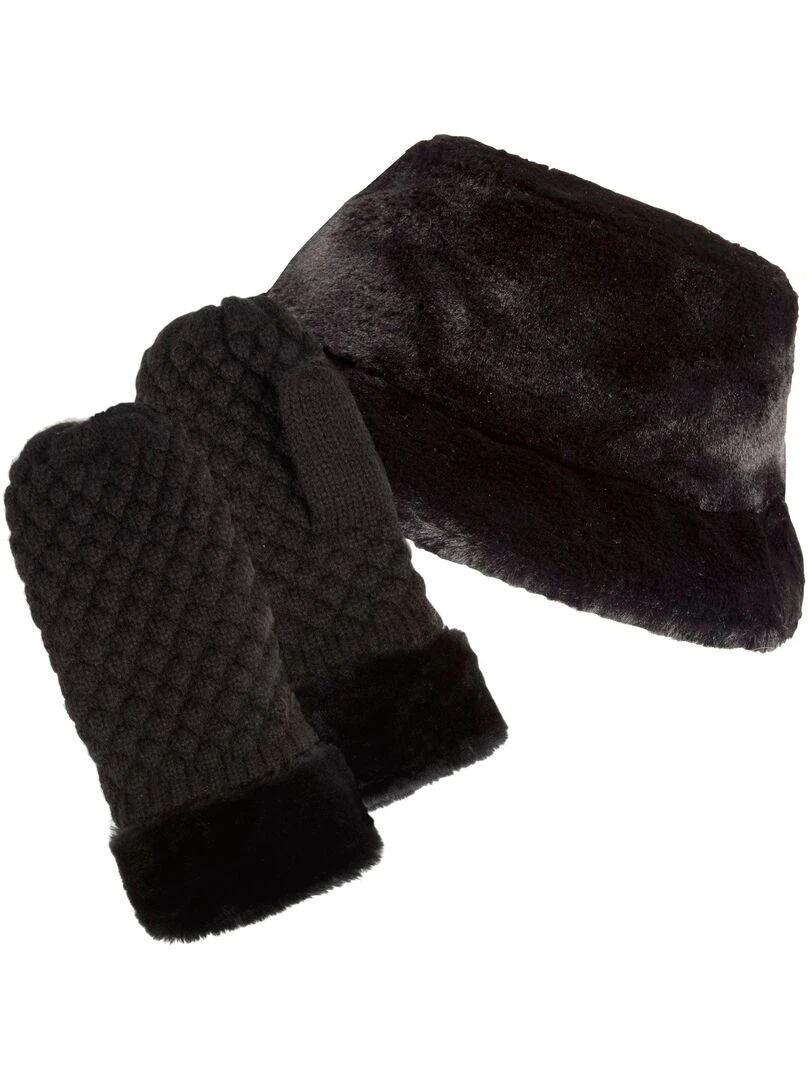 Moufles Femme Maille Noir bord fourrure Noir