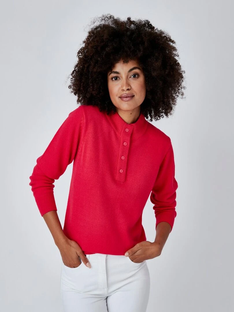 Pull col montant boutonné Damart Rose framboise