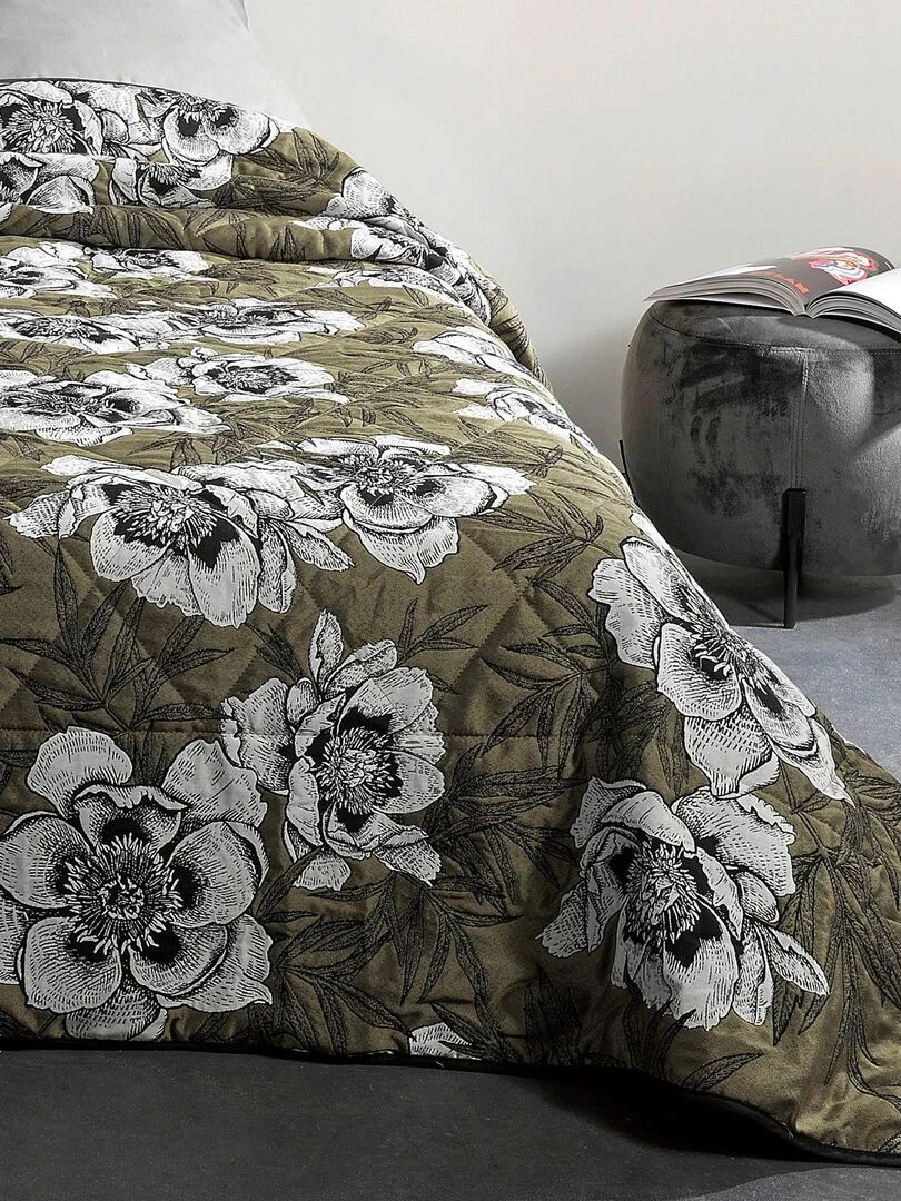 Jeté de lit aux impressions florales   Vert olive
