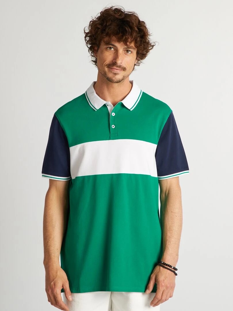 Polo color block en piqué de coton Vert