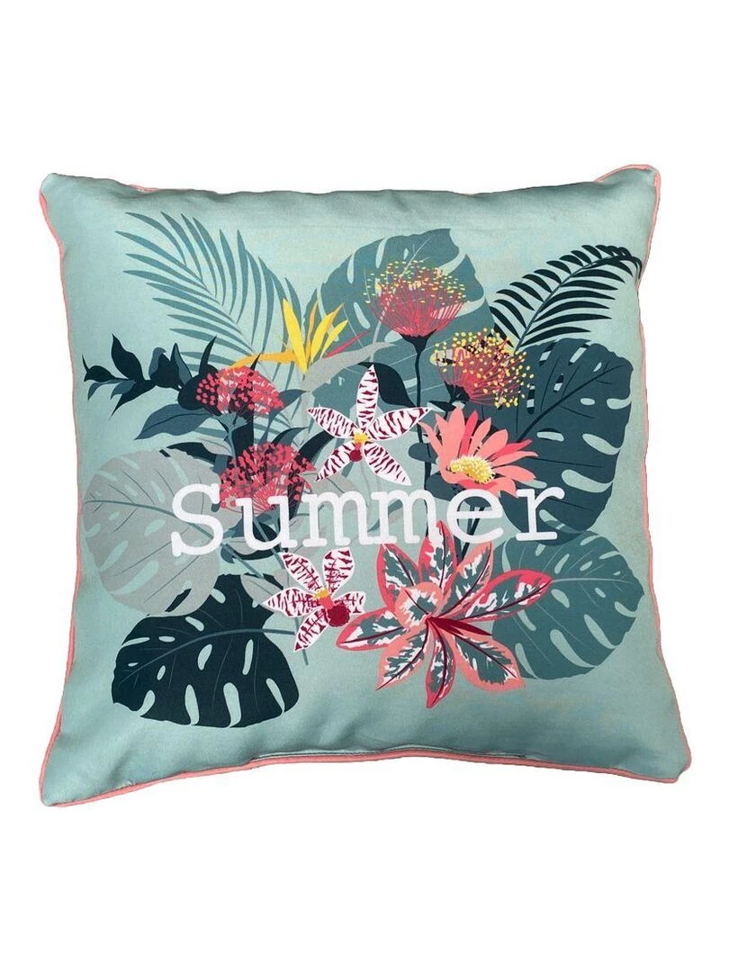 Coussin carré en tissu déperlant imprimé floral AMAZONIA Bleu