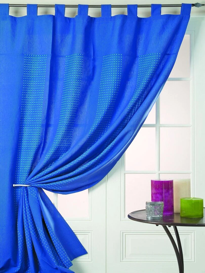 Rideau Coton Motifs Petites Croix Bleu