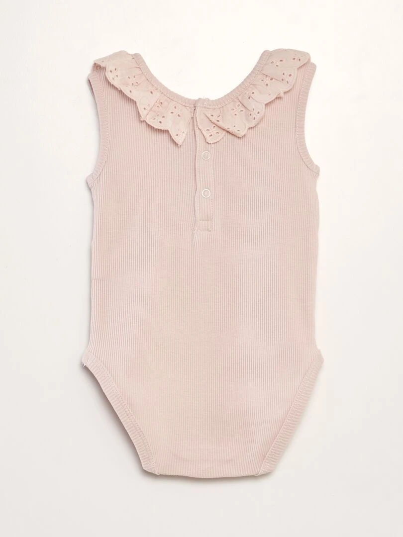 Body côtelé à col brodé Rose