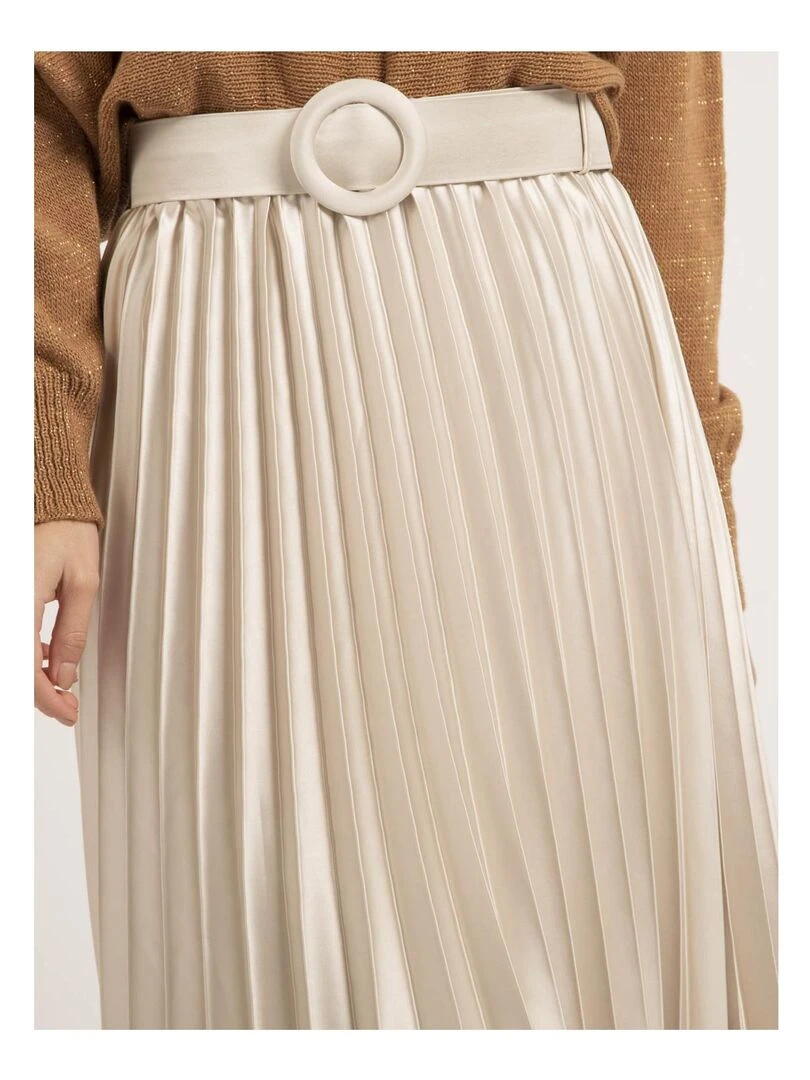Jupe mi longue plissée satin et ceinture XOLIA   Beige