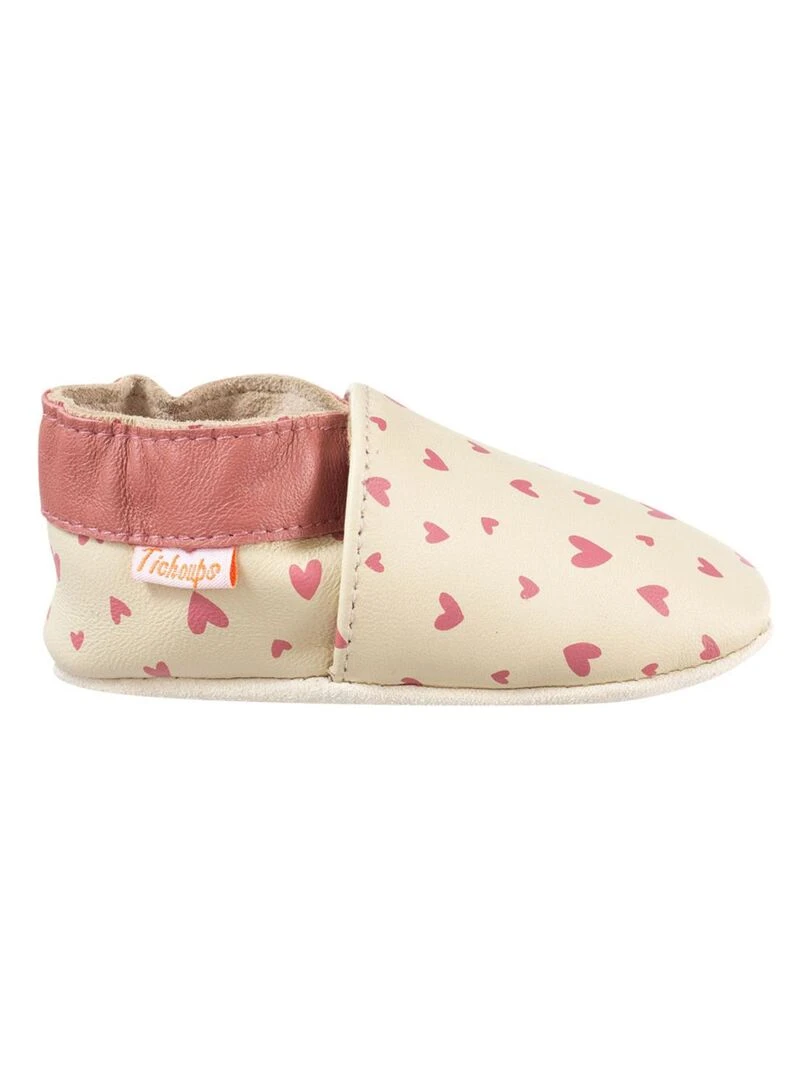 Chaussons bébé cuir souple Juliette les coeurs Beige