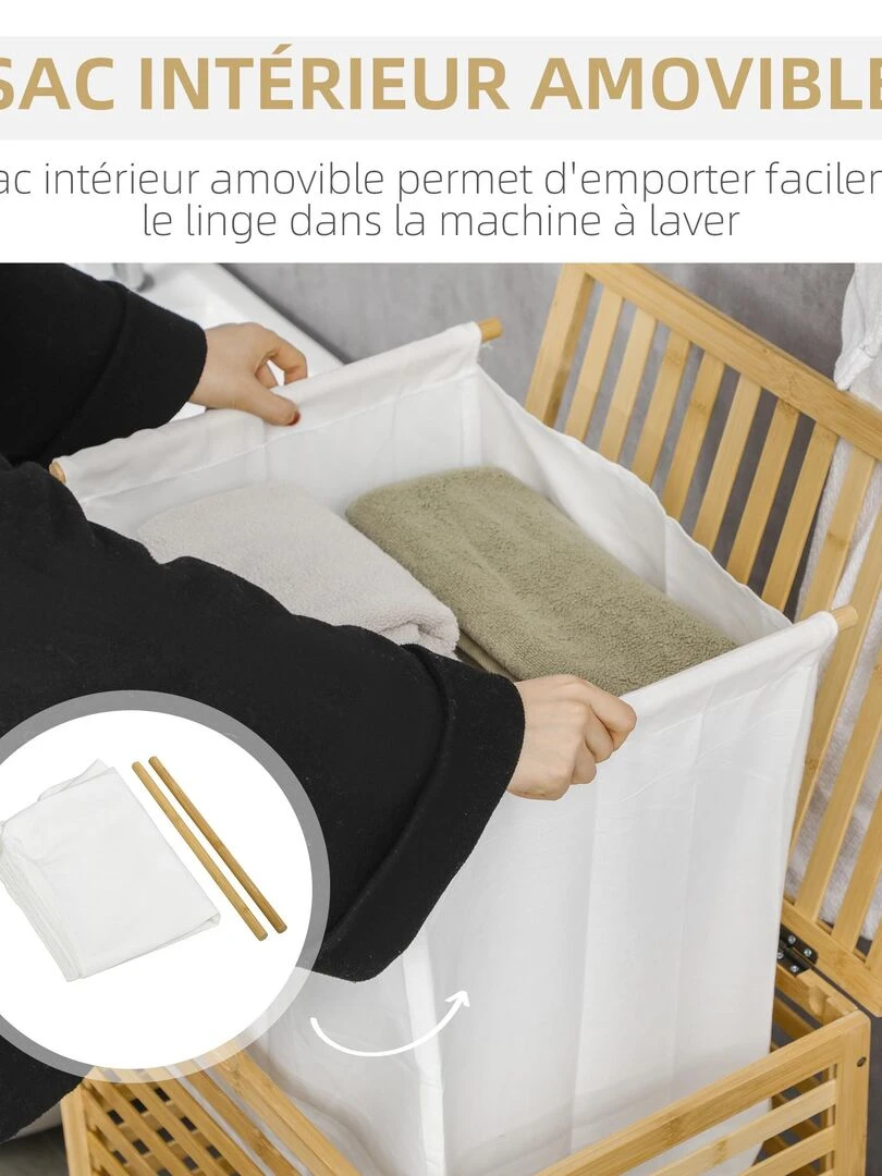 Panier à linge   sac en tissu amovible  couvercle   bambou verni   Beige