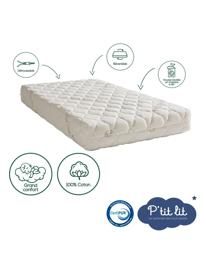 Matelas Bébé Coton Bio   60x120x10 cm   Déhoussable   Blanc