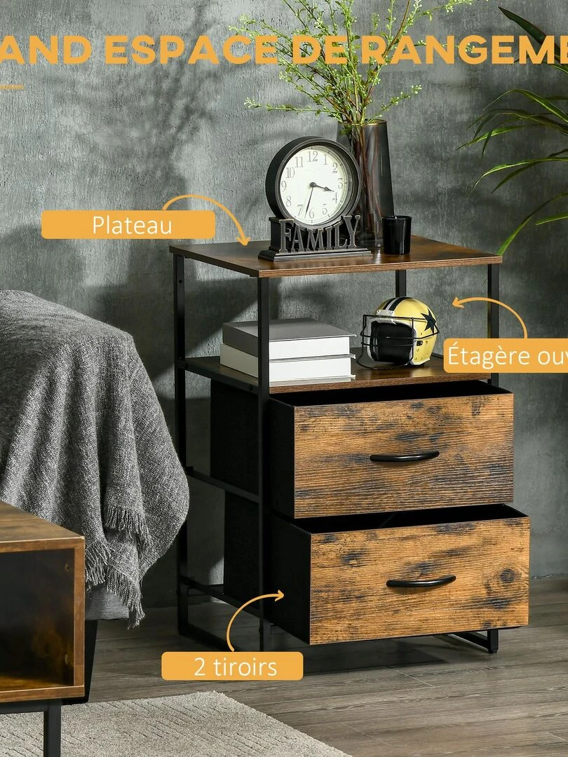 Meuble de rangement chiffonnier 2 tiroirs design industriel   Marron