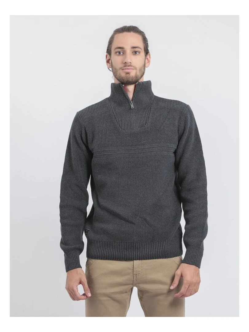 Pull col montant zippé pur coton LOMATH Gris foncé