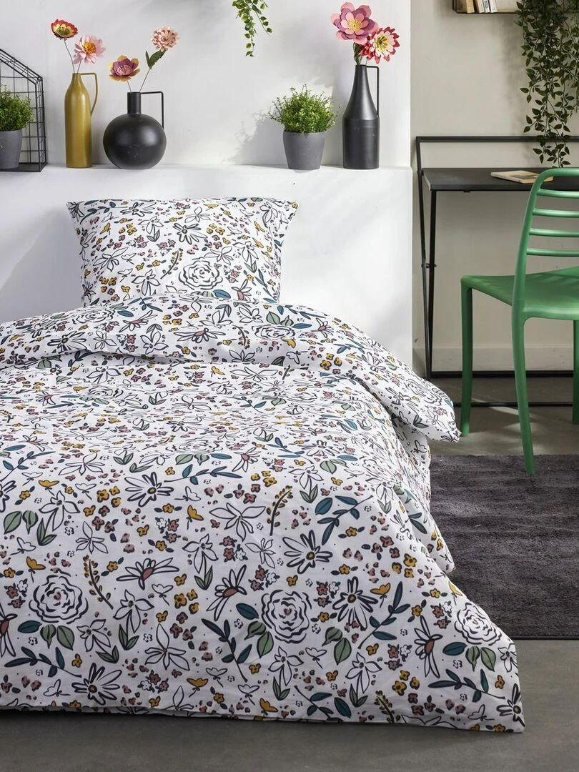 Parure de lit imprimé Floral coton SUNSHINE JULIA Blanc