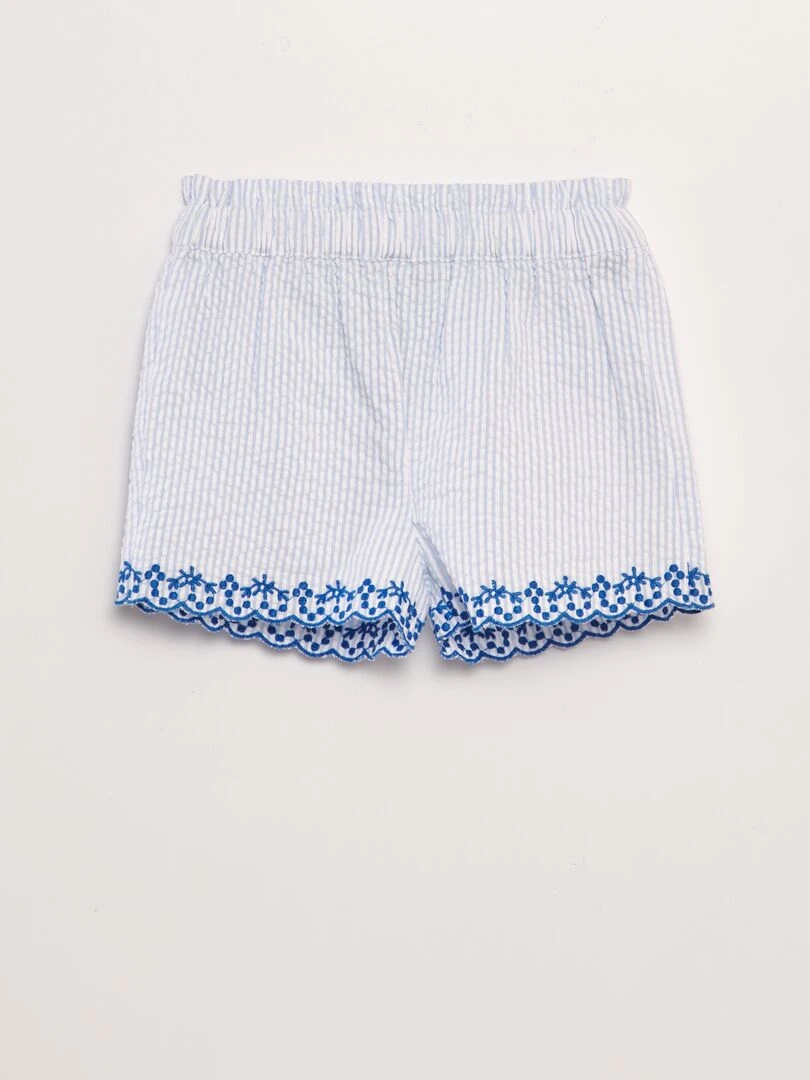 Ensemble blouse + short rayé et brodé   2 pièces   Bleu