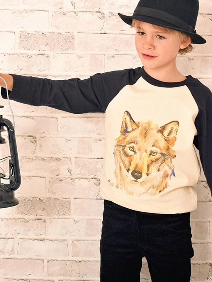 Sweat Shirt Beige Garçon imprimé Loup THE WOLF 'LA FAUTE A VOLTAIRE' Noir Beige