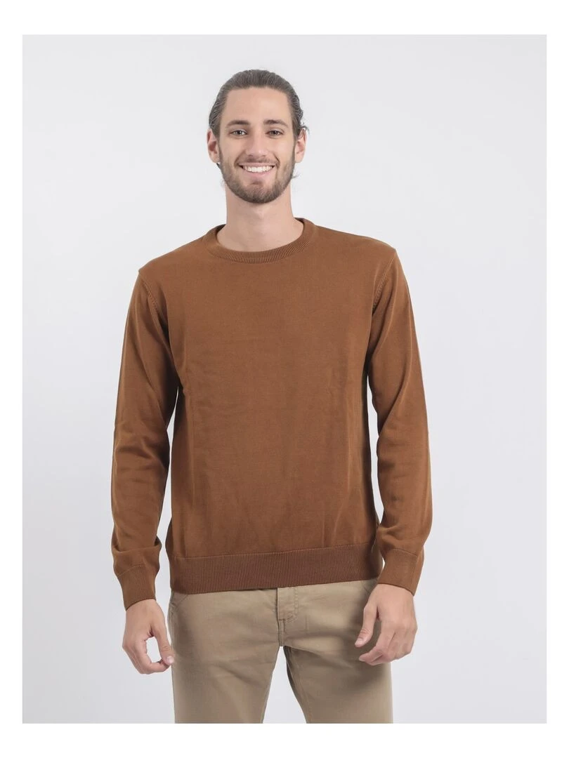 Pull col rond pur coton LADARKO Marron caramel