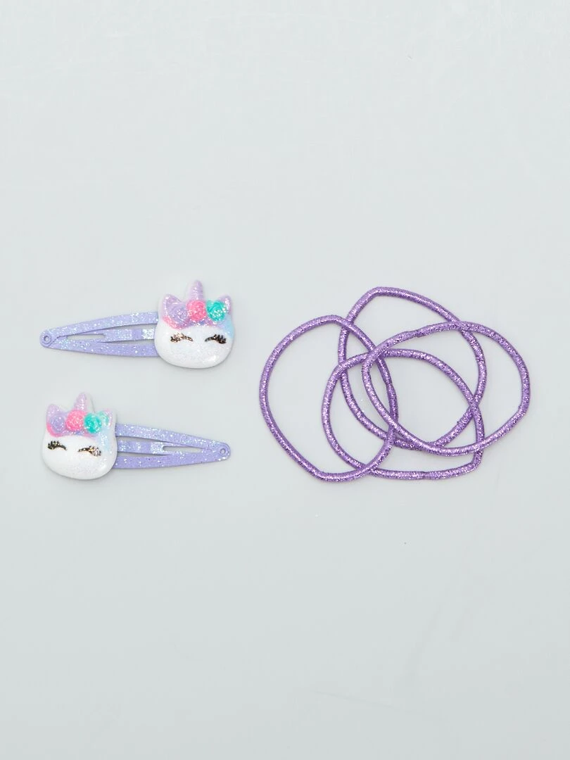 Lot 2 pinces licornes et 4 élastiques Violet