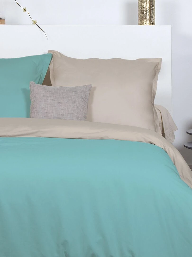 Housse de couette 220x240 cm + 2x taies d'oreiller 63x63 cm Percale de Coton Beige Bleu Multicolore