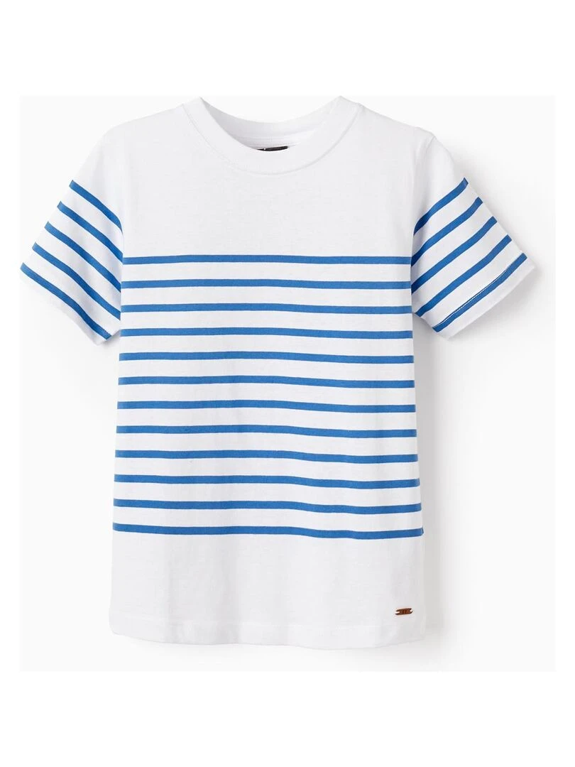 T Shirt Rayé en Coton Garçon manches courtes Bleu