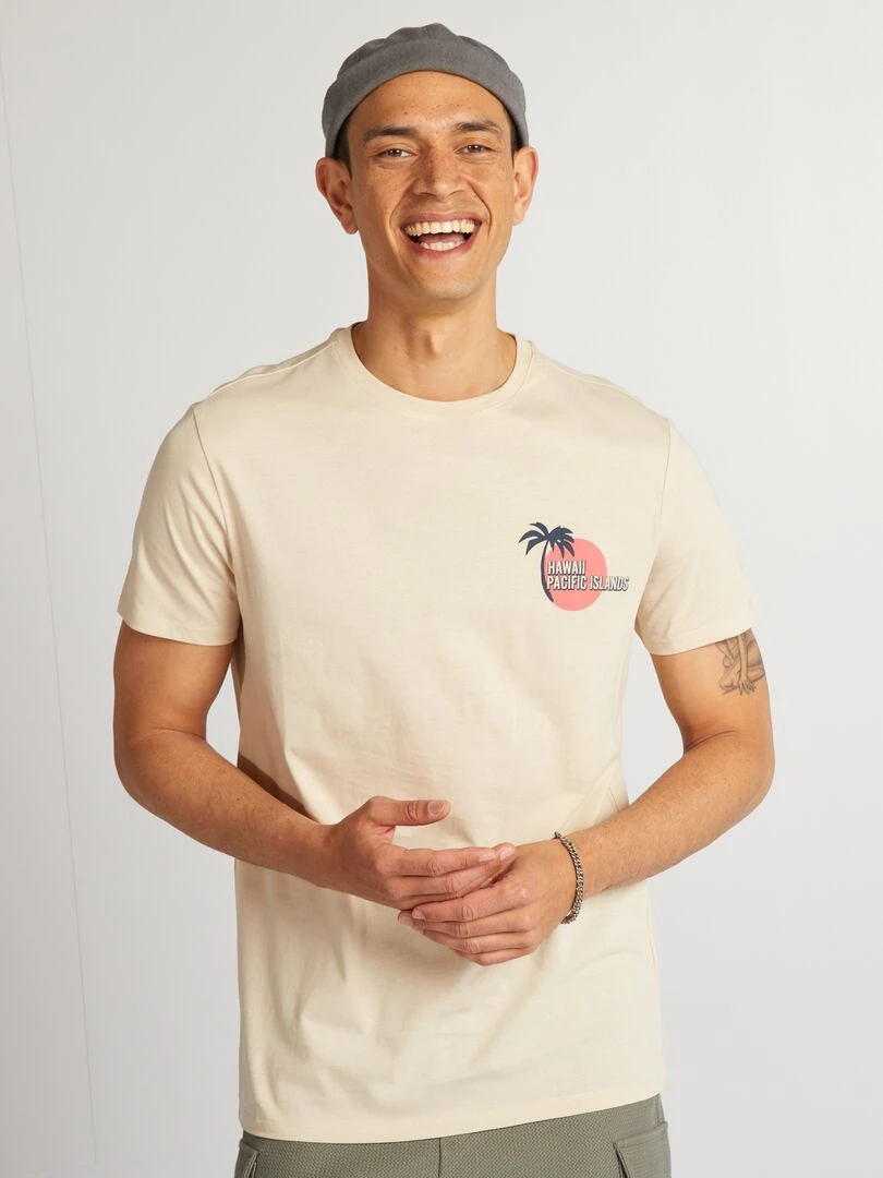 T shirt en coton imprimé à col rond   Beige 'Motel'