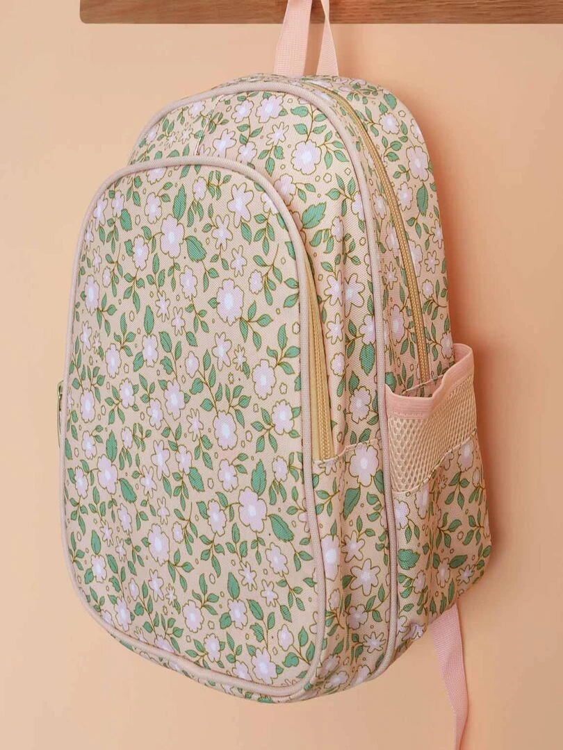 Sac à dos Fleurs rose avec poche isotherme   Rose clair