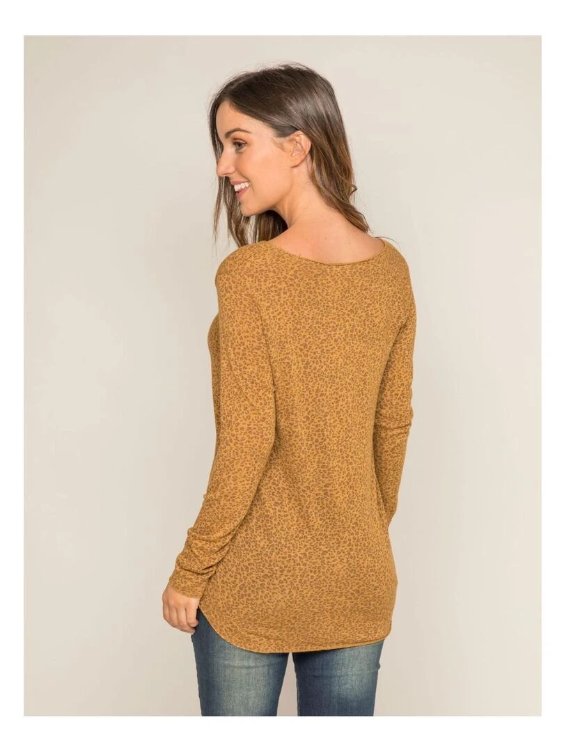 Pull fin col rond motifs KIMBA Moutarde