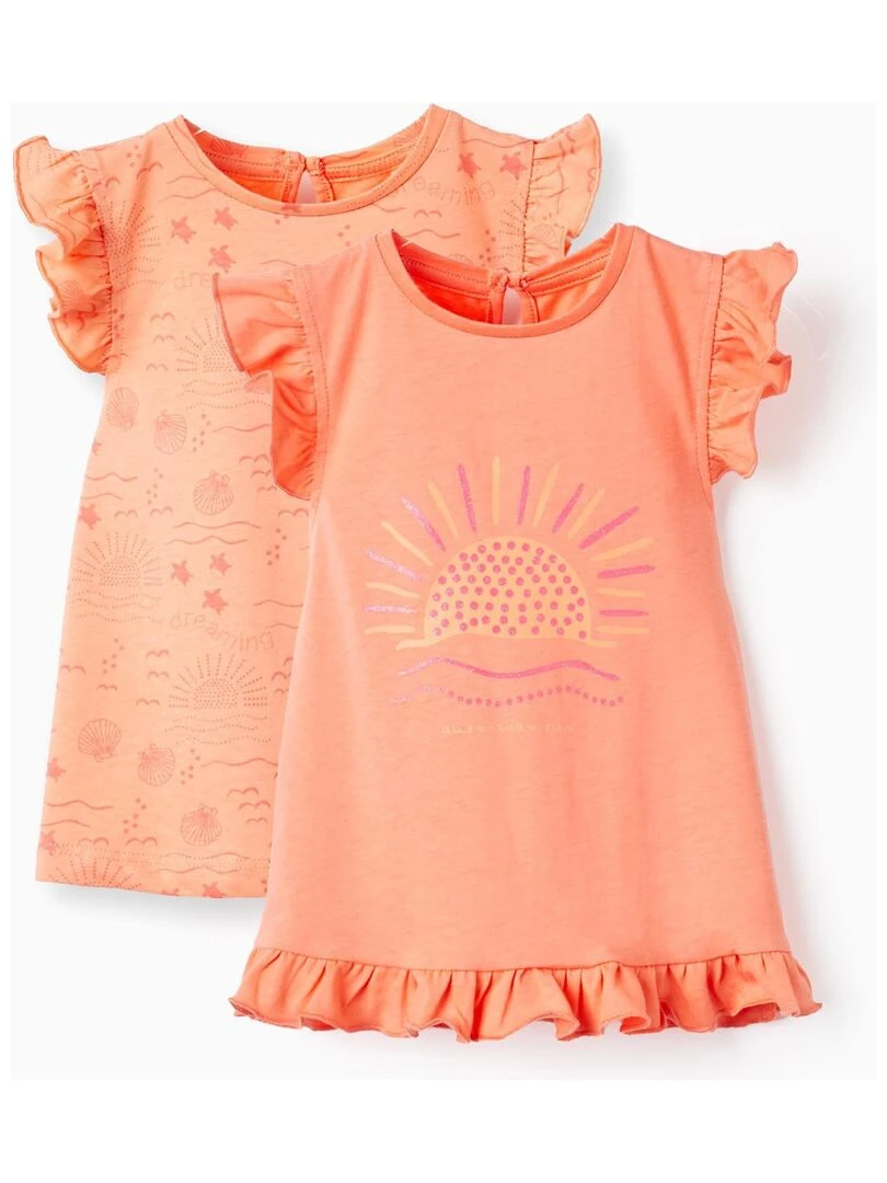 Pack 2 T Shirts En Coton Et Sans Manches Pour Bébé Fille 'Soleil' manches courtes Blanc Orange clair
