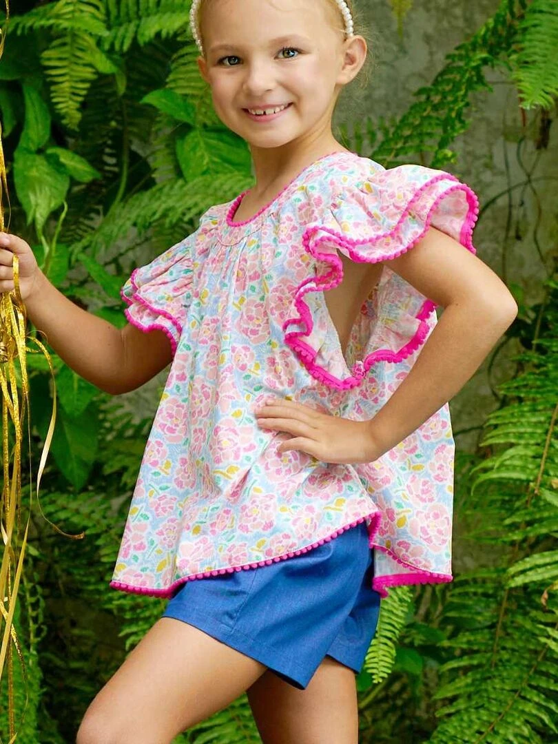 Blouse Fleurie Fille Rose Bleu Pâle Manches Papillons BUTTERFLY 'LA FAUTE A VOLTAIRE' Rose