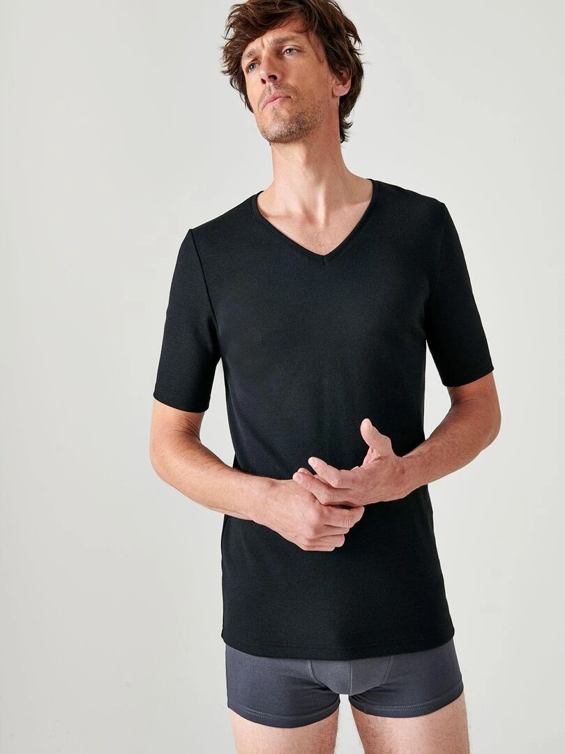 T shirt col V manches courtes maille classique Thermolactyl Damart Noir