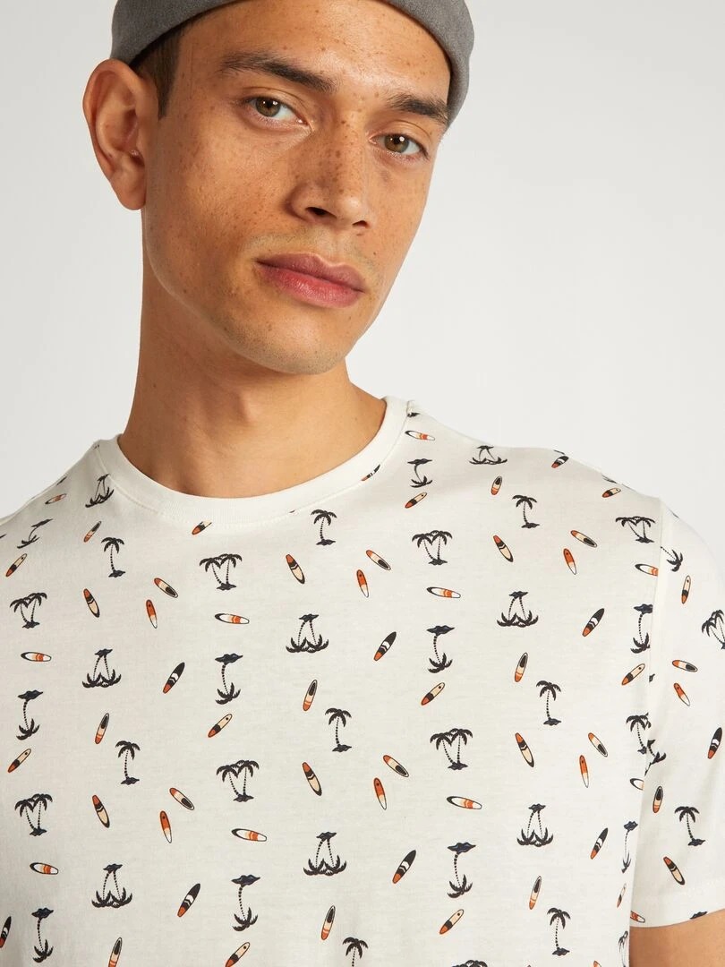 T shirt en coton imprimé à col rond Blanc 'surf'