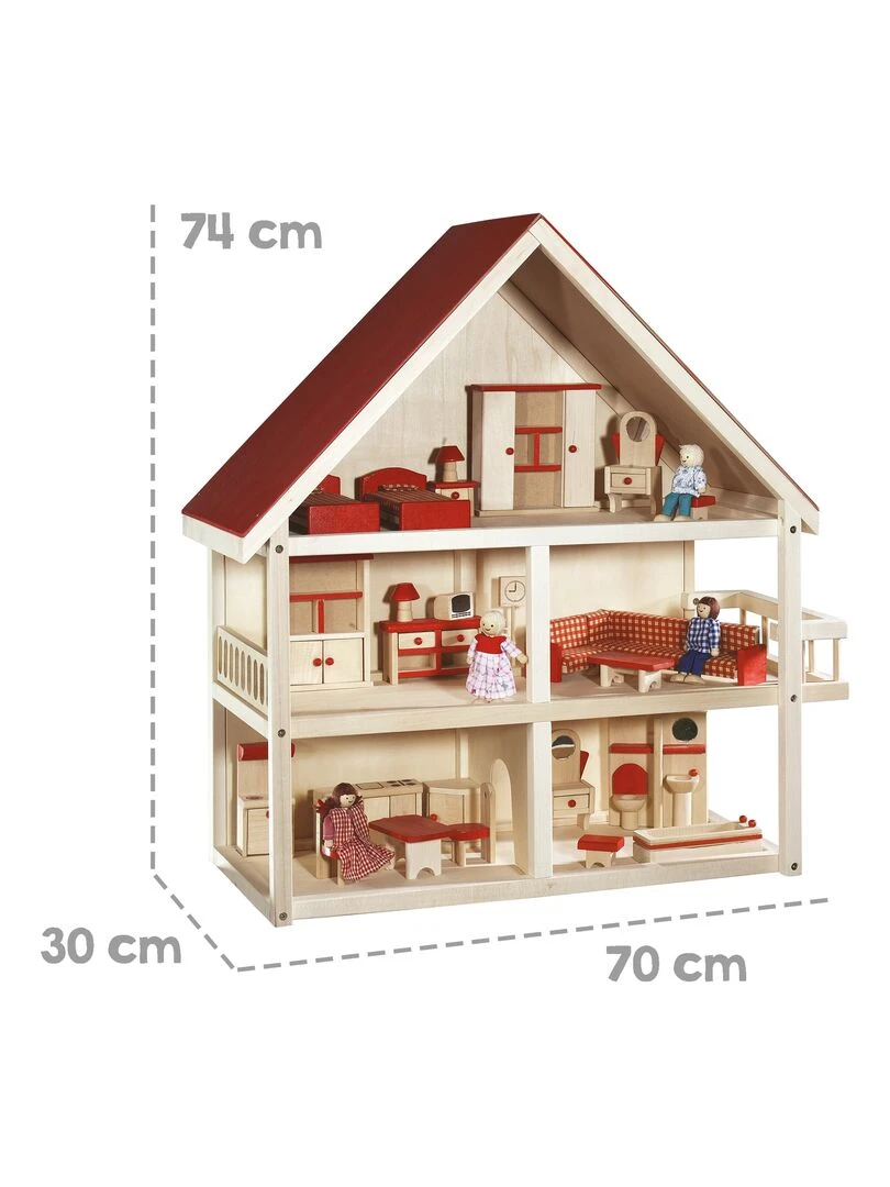 ROBA Maison de poupée + meubles et poupées – bois naturel/rouge   N/A