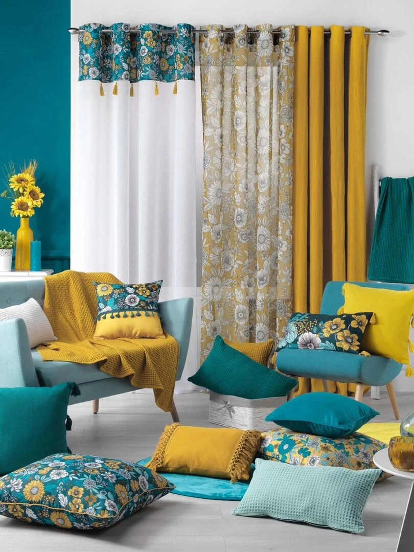 Voilage sablé imprimé floral   Bleu