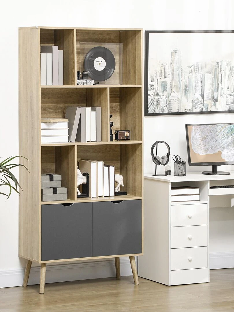 Bibliothèque design 2 portes 6 niches dim. 80L x 35l x 180H cm aspect chêne clair gris Beige