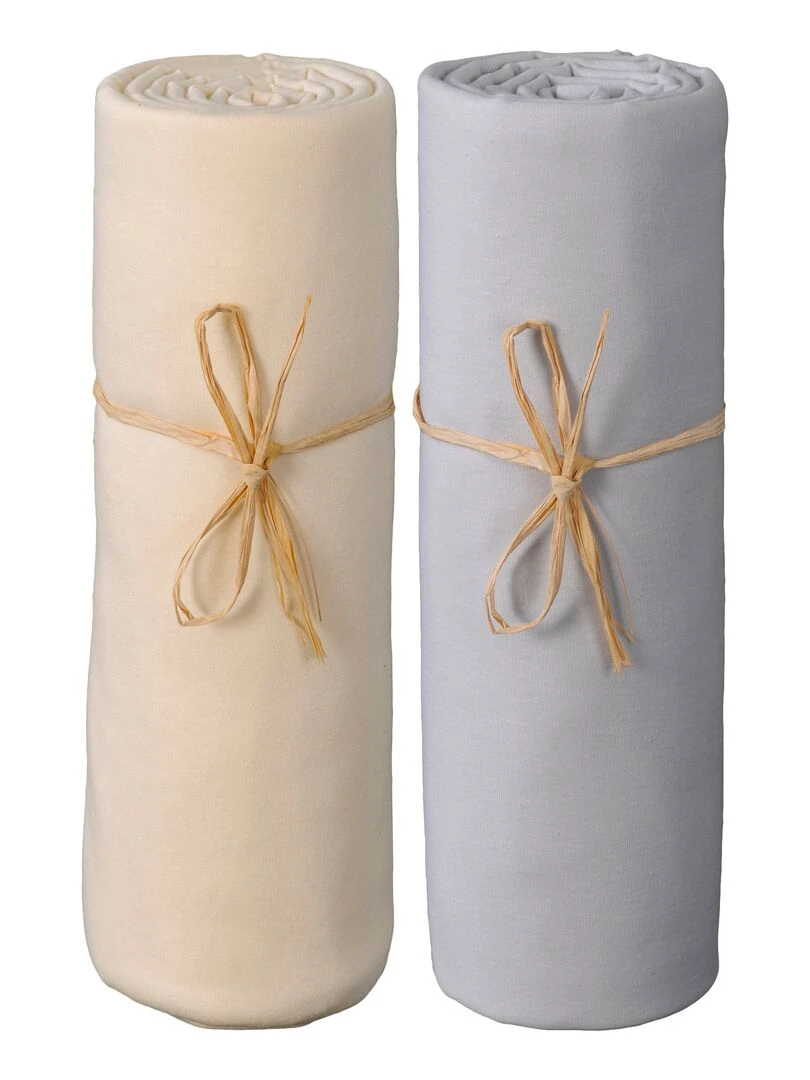 Lot x2 Draps housse bébé 100% jersey Bio peigné 'P'tit Basile' Gris Ecru