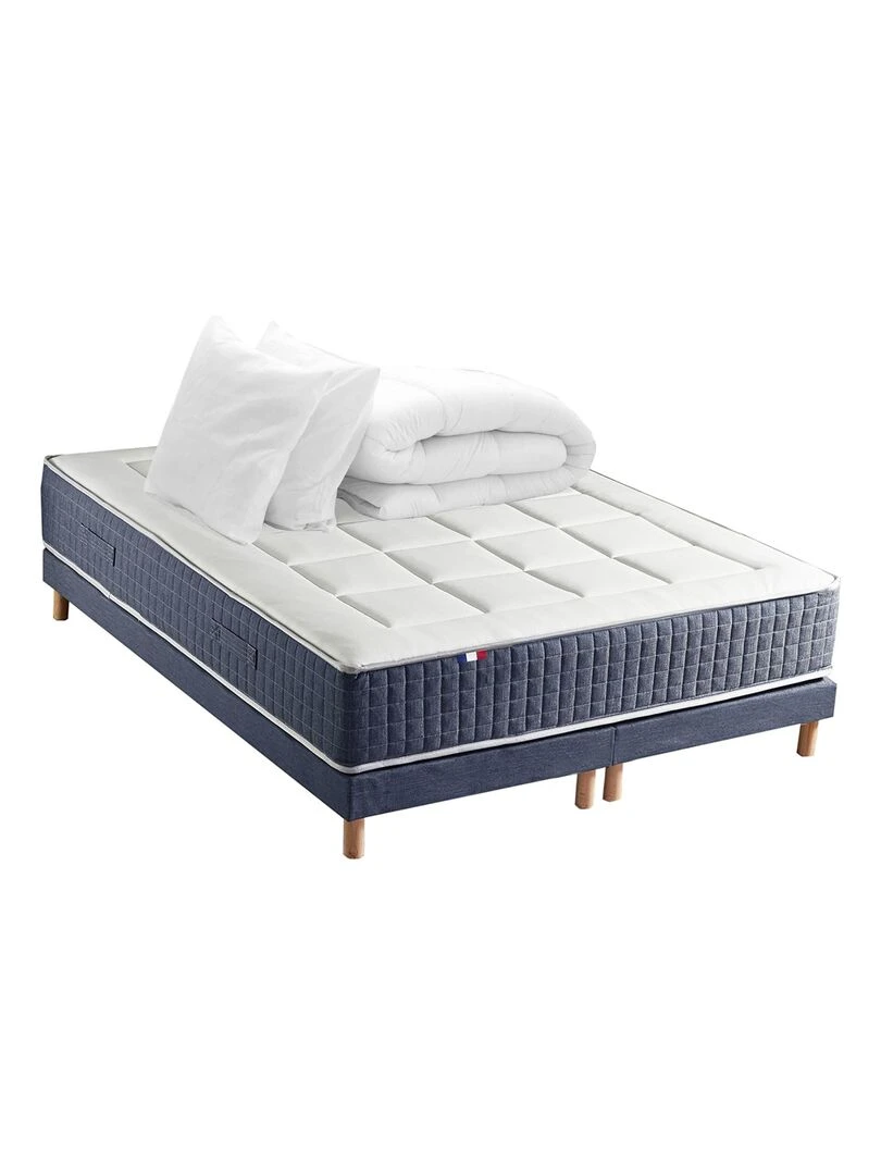 Ensemble Matelas Ressort 7 zones + Mémoire de forme + Sommier KING STYLE + couette + oreillers Blanc Bleu
